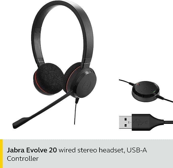 Jabra EVOLVE 20 UC STEREO USB Headband Noise cancelling, with mute and volume control on the cord, Leatherette ear cushion, (Microsoft optimized) (Special Edition)