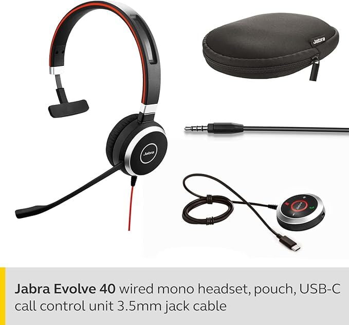 Jabra EVOLVE 40 MS MONO USB-C Headband, Noise cancelling, USB and 3.5 jack connectivity, with mute and volume control on the cord, Busylight , Discret boomarm (Microsoft optimized)