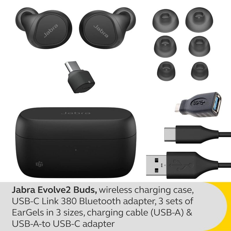 Evolve2 Buds UC, Cradle USB-A UC, Link 380 BT adapter USB-A UC, 30  cm USB-C to USB-A cable, Ear gels, warranty