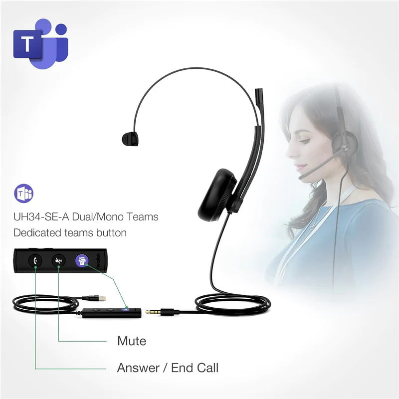 YEALINK - UH34 SE - Mono Corded Headset (USB-C + 3.5mm) (MS Certified) (Leatherette)