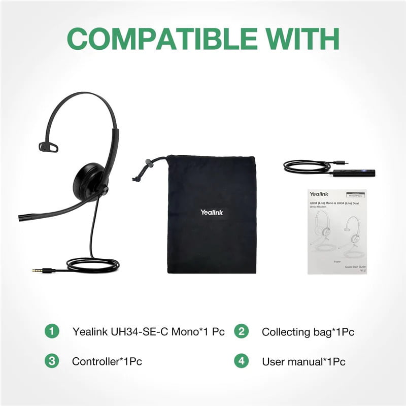 YEALINK - UH34 SE - Mono Corded Headset (USB-C + 3.5mm) (MS Certified) (Leatherette)