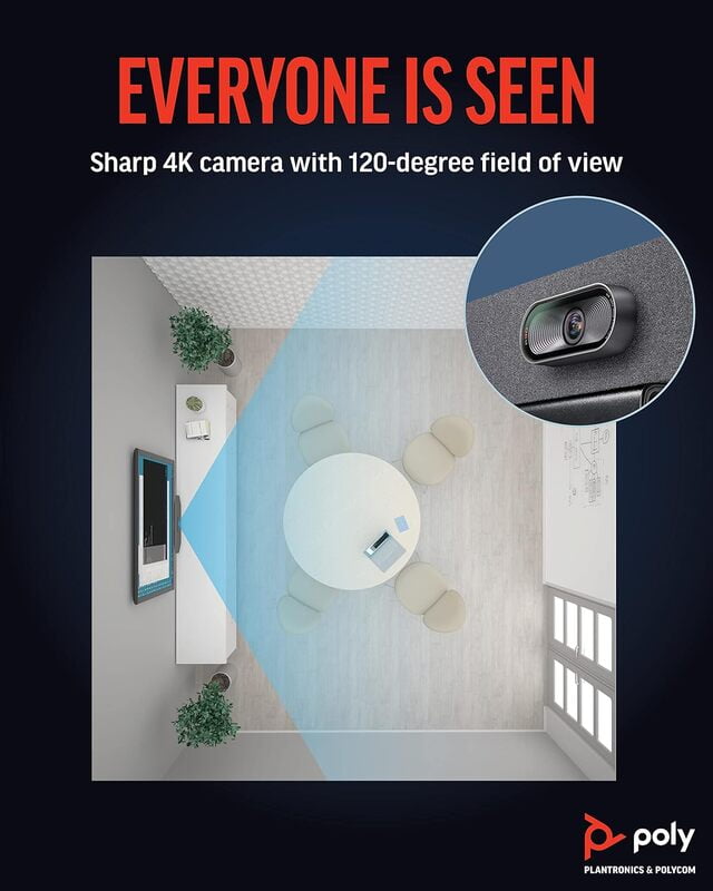 Poly Studiok 120-deg FOV 4K Camera, Integrated speaker and microphone, Wi-Fi device management, monitor clamp included, Cable: 5m USB Type-A to Type-C, Power: EURO-Type C,CE 7/7. Poly Studiok 120-deg FOV 4K Camera, Integrated speaker and microphone, Wi-Fi device management, monitor clamp included, Cable: 5m USB Type-A to Type-C, Power: EURO-Type C,CE 7/7.